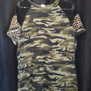 Women's Camouflage Tee with Lace and Leopard Details
